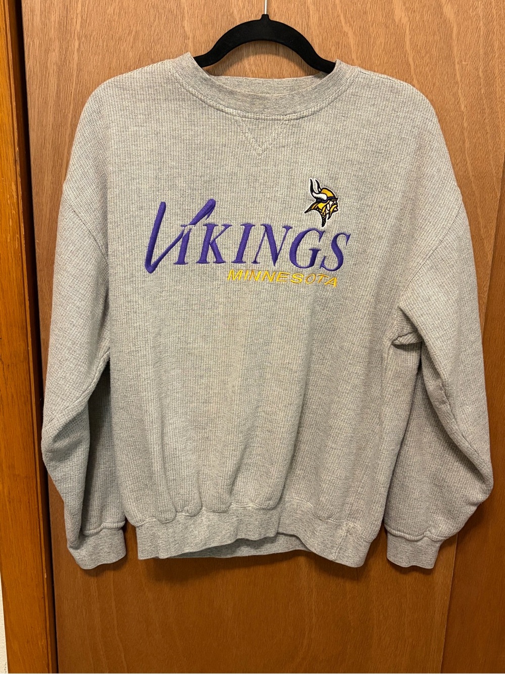 Vintage Minnesota Vikings Gray Crewneck Sweatshirt with Purple & Gold Logo